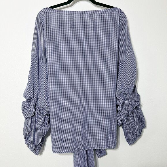 Banana Republic Gingham Tuck Sleeve Shirt Large Blue Tie Check Elevated Pairie - Picture 7 of 12